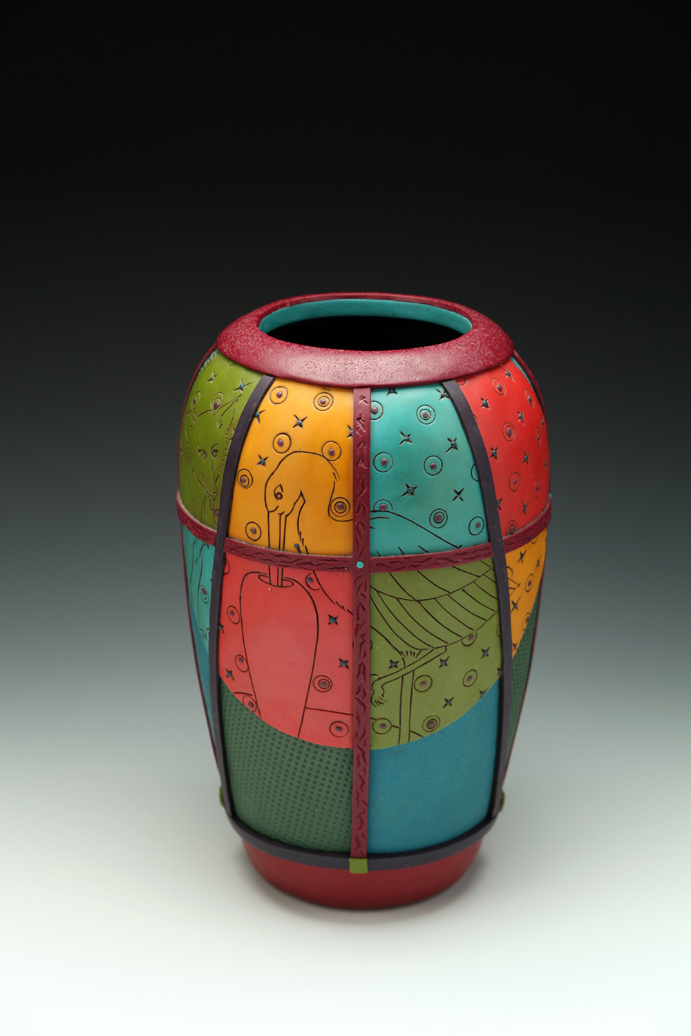 Colorful polymer vessel with an image of a stork on one side