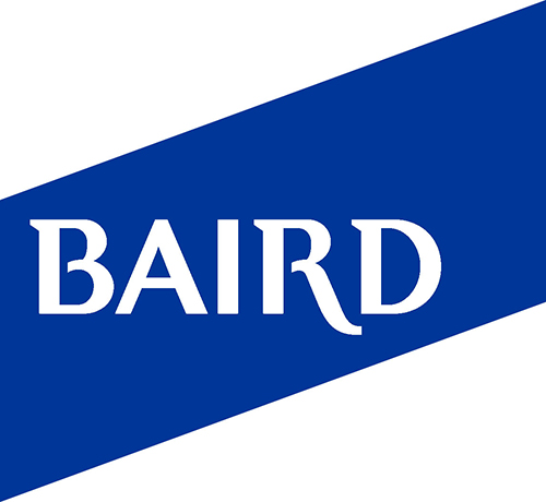 Blue and white logo for the company Baird