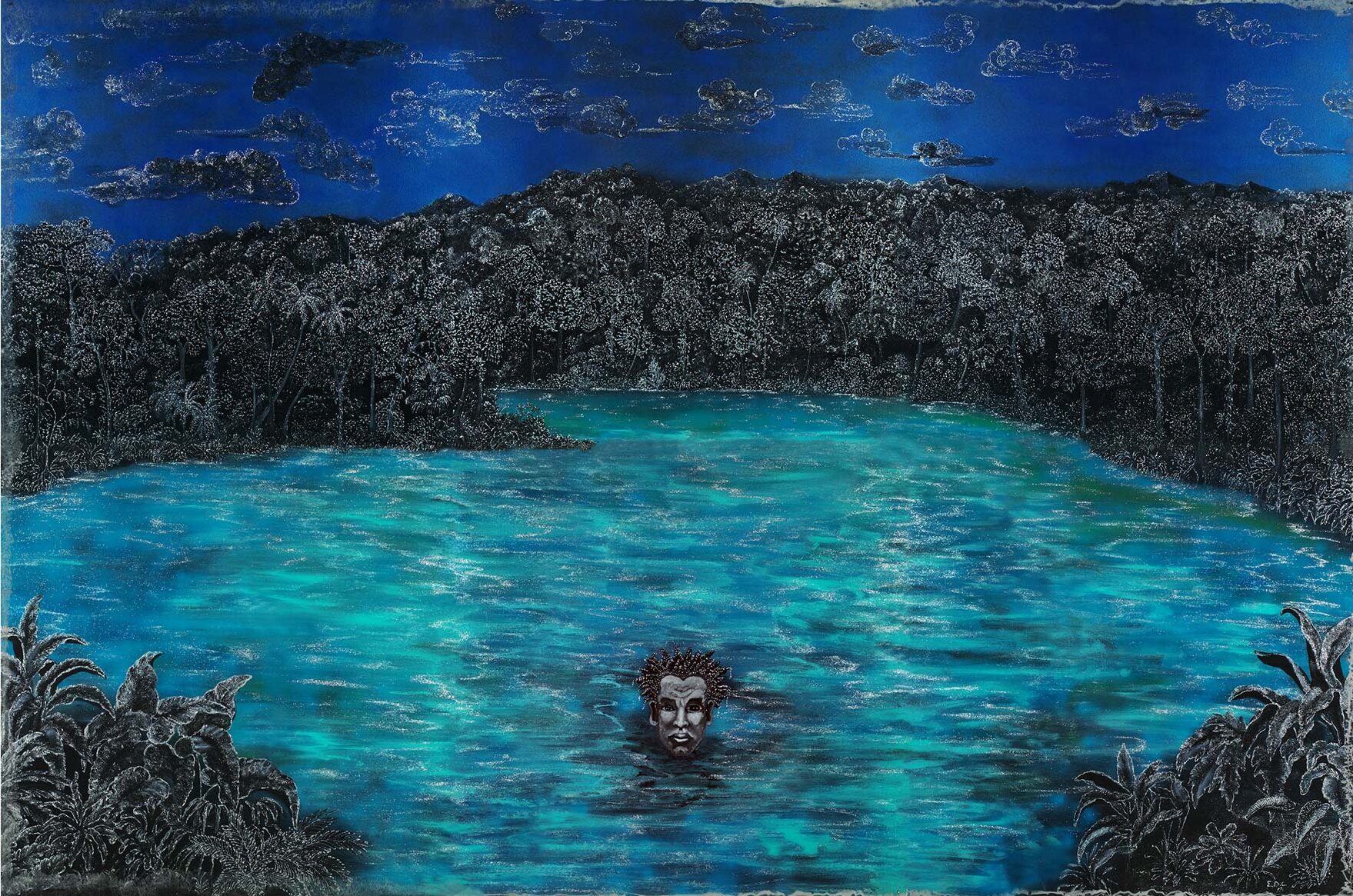 Landscape painting in blacks and blues depicting a large body of shimmering light blue water surrounded by dark trees and flora. A man's head with different sized eyeballs is peering out of the water near the bottom center and is staring at the viewer.