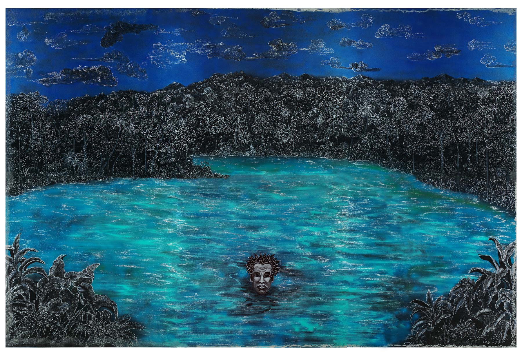 Edouard Duval-Carrié, Lost At Sea Landscape painting in blacks and blues depicting a large body of shimmering light blue water surrounded by dark trees and flora. A man's head with different sized eyeballs is peering out of the water near the bottom center and is staring at the viewer.