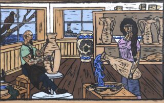 Linocut print on ceramic depicting two figures in a room. A bald man with a beard, green shirt, and artist smock is working with a large vessel on the left side of the room. A woman with long black hair, a light purple shirt, and blue pants is pouring water from a similarly large vessel into a bowl. A bird is perched on a branch outside the window.