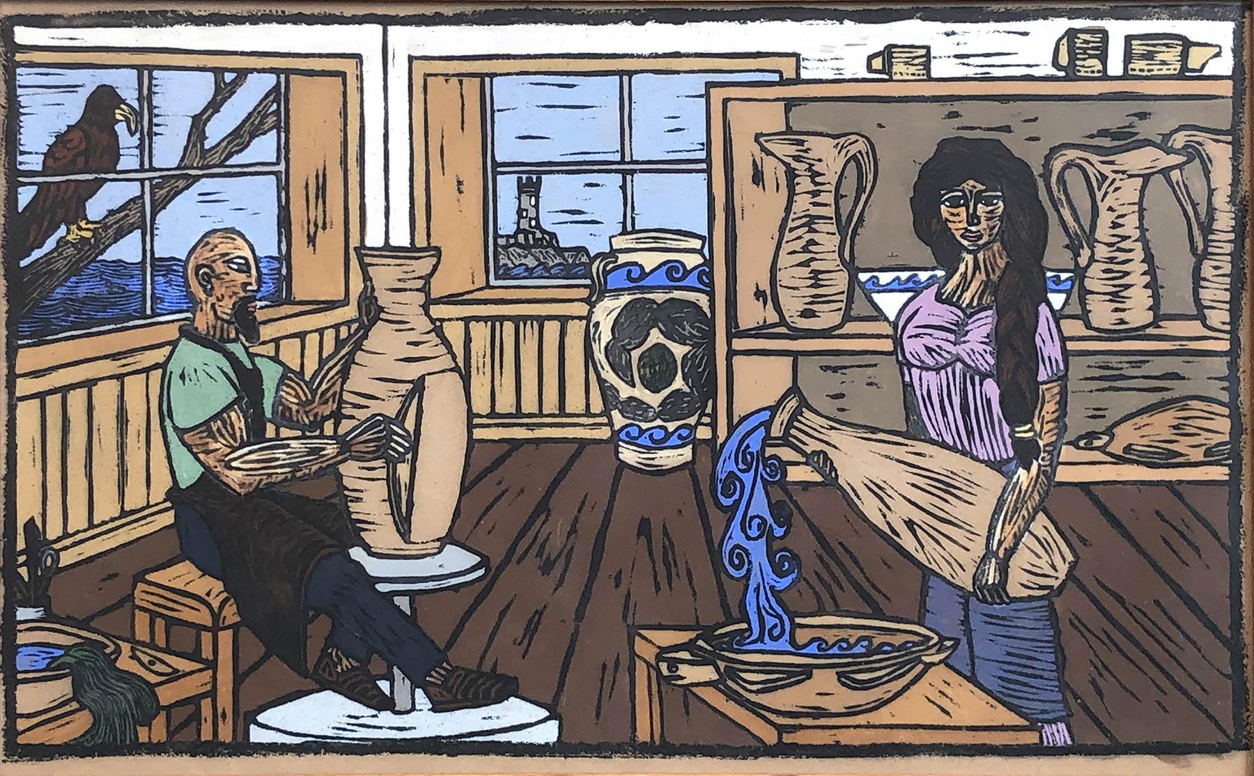 Linocut print on ceramic depicting two figures in a room. A bald man with a beard, green shirt, and artist smock is working with a large vessel on the left side of the room. A woman with long black hair, a light purple shirt, and blue pants is pouring water from a similarly large vessel into a bowl. A bird is perched on a branch outside the window.