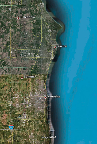 Google aerial view of Racine-Kenosha area